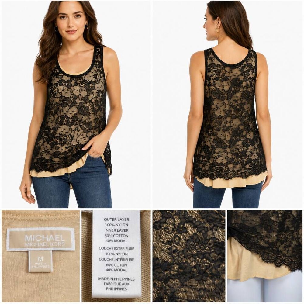 Michael Kors M Black Lace Overlay Tank Top Layered